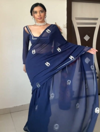 1 Min Ready to Wear Navy Blue Silver Stitched Saree