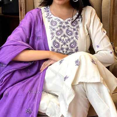 White Purple Straight Embroidery Cotton Salwar Suit