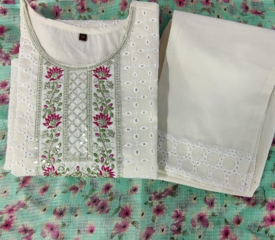 White Embroidery Kurti Pant Green Dupatta Set of 3