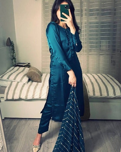 Peacock Plain Suit with Zari Dupatta Salwar Set of 3