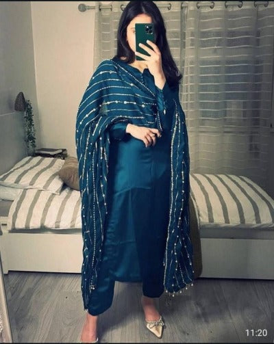 Peacock Plain Suit with Zari Dupatta Salwar Set of 3
