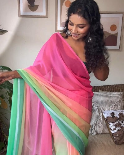 Green Pink Georgette Casual  Saree 