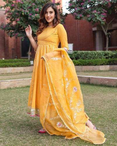 Yellow Mughal Anarkali Cotton Salwar Suit