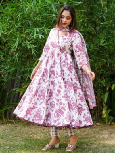 Pink Rayon Anarkali  Cotton Readymade Salwar Suit