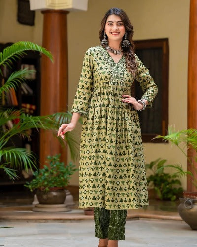 Green Handblock Nayra Readymade Salwar Suit