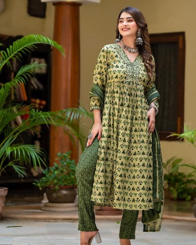 Green Handblock Nayra Readymade Salwar Suit