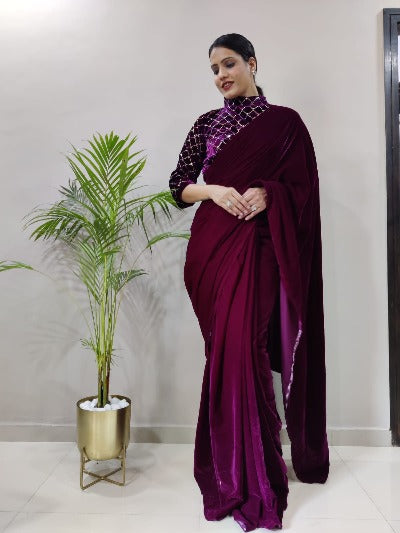 Ready to Wear Sari Burgandy Velvet Stitched Saree Ready Blouse
