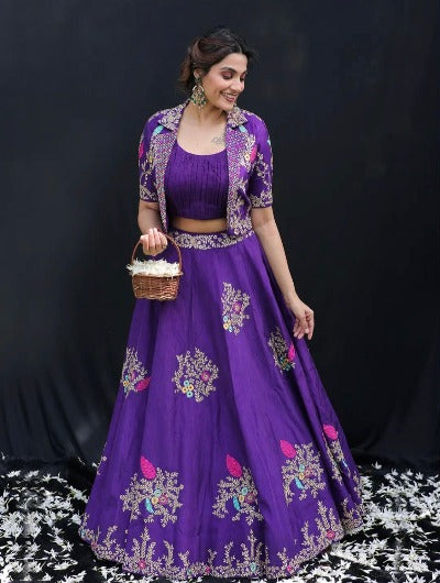 Purple Embroidery Lehanga Choli with Jacket