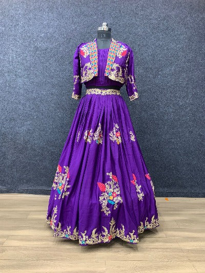 Purple Embroidery Lehanga Choli with Jacket