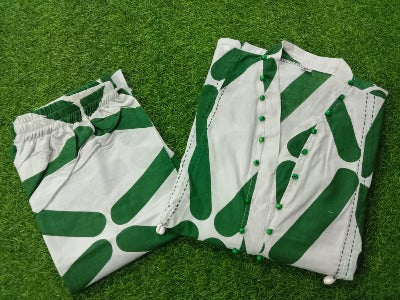 Beige  Green Handblock Cotton Kurti Pant Set