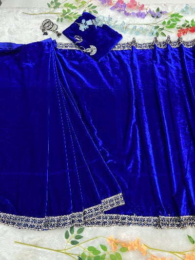 Ready to Wear saree Navy Blue Velvet Stitched Saree