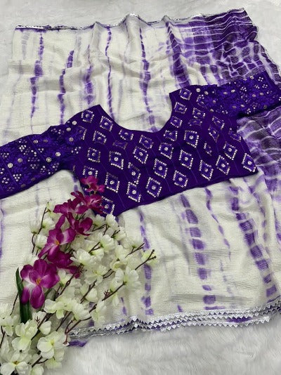 White Purple Shibori Georgette Saree with Readymade Blouse