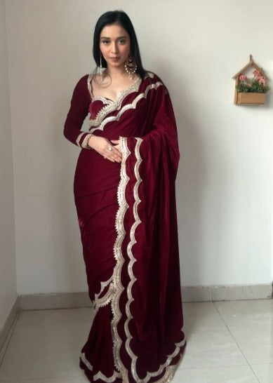 Ready to Wear saree Maroon Velvet Stitched Saree