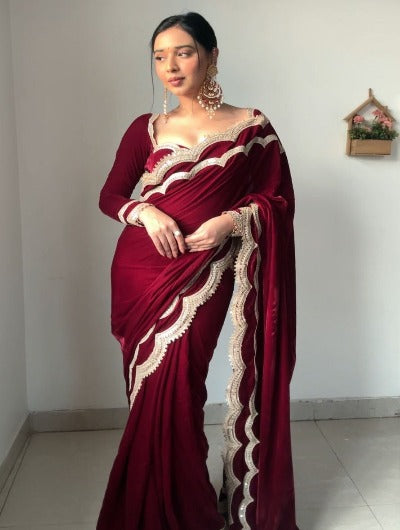 Ready to Wear saree Maroon Velvet Stitched Saree