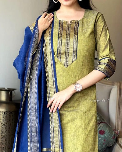 Mustard Blue Ethnic Cotton Salwar Suit for Women