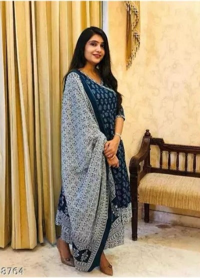 Anarkali Indigo Cotton Salwar Suit Dupatta Set of 3