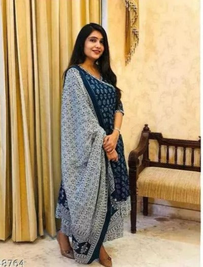 Anarkali Indigo Cotton Salwar Suit Dupatta Set of 3