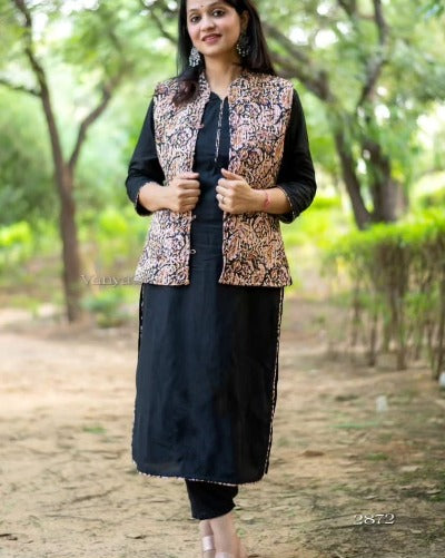Black Kalamlkari Quilted Jacket Cotton Kurti Pant Set of 3