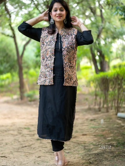 Black Kalamlkari Quilted Jacket Cotton Kurti Pant Set of 3