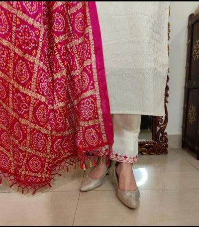 Cream Cotton Salwar Suit Pink Floral Dupatta (Set of 3)