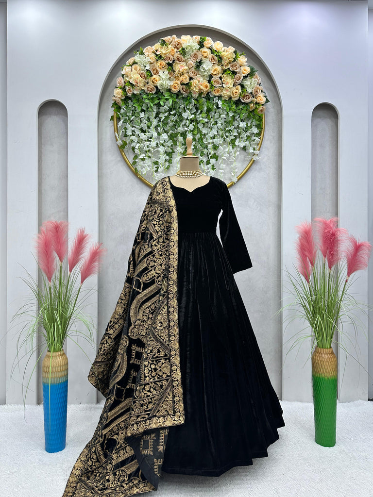 Black Velvet Gown with Heavy Dupatta Set of 2 