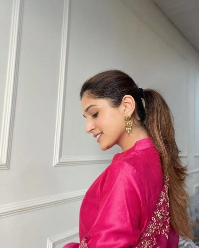 Pink Silk Cotton Salwar Suit with Organza Dupatta