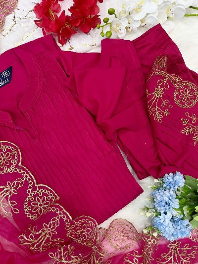 Pink Silk Cotton Salwar Suit with Organza Dupatta