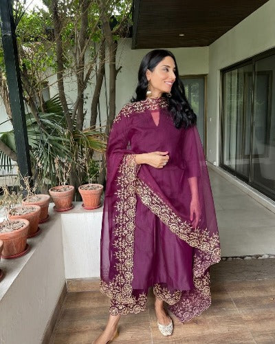 Burgandy Silk Cotton Salwar Suit with Organza Dupatta