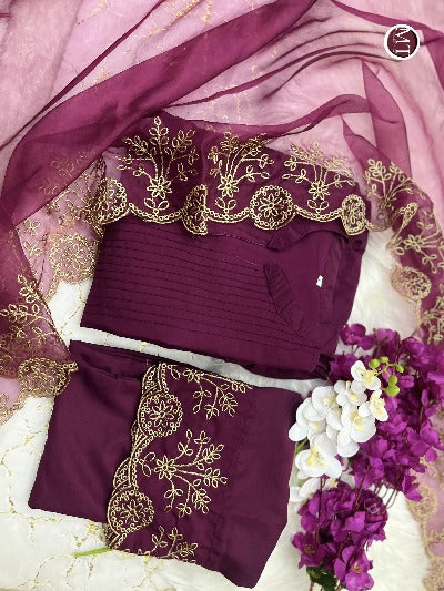Burgandy Silk Cotton Salwar Suit with Organza Dupatta