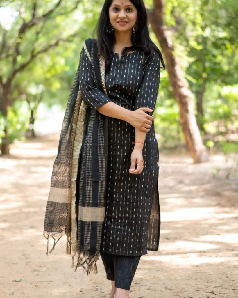 Black Cotton Ethnic Handloom Readymade Suit