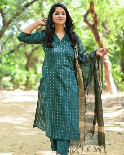 Green Cotton Ethnic Handloom Readymade Suit