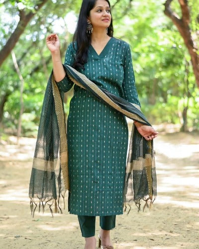 Green Cotton Ethnic Handloom Readymade Suit