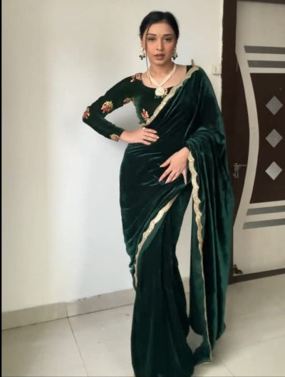 Dark Green Velvet Ready to Wear saree with Blouse