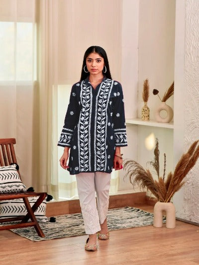 Chikanankari Rayon Embroidered Women Top Short Kurta 1pc