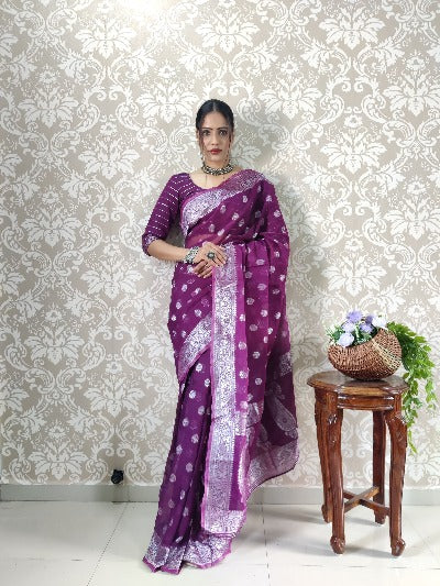 1 Min Purple Soft Cotton Silk Stitched Readymade Saree