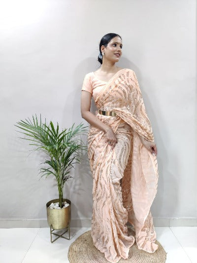 1 Min Peach Sequins Georgette Stitched Readymade Saree