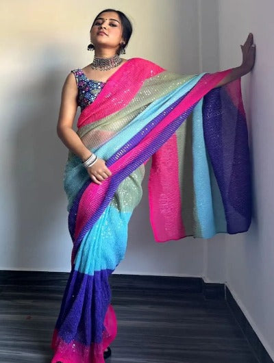 Multicoloured Crushed Georgette Sequence Saree