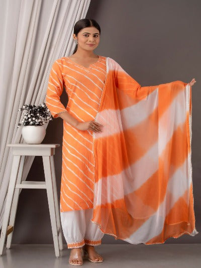Orange Afghani Leheriya Cotton Salwar Suit Set 3pc