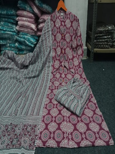 Maroon Pure Cotton Ajrakh Print Salwar Suit Set 3pc