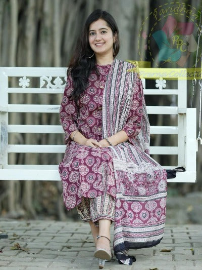 Maroon Pure Cotton Ajrakh Print Salwar Suit Set 3pc