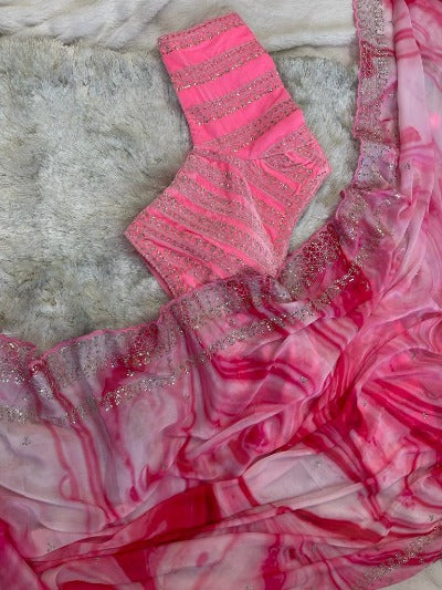 Pink Rangoli Silk Saree With Readymade Fully Stitched Blouse