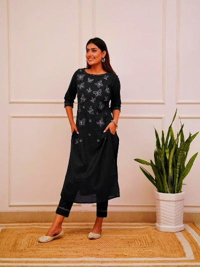 Black Cotton Butterfly Embroidered Kurti Pant Set Of 2