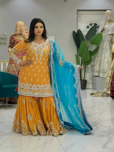 Yellow Georgette Embroidered Partywear Sharara Suit