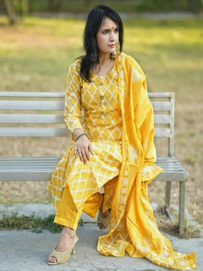 Cotton Yellow Ethnic Salwar Kameez Dupatta Set of 3