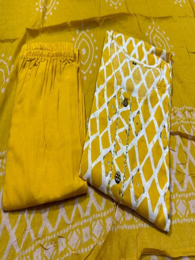 Cotton Yellow Ethnic Salwar Kameez Dupatta Set of 3