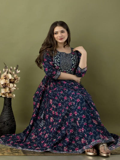 Navy Blue Cotton Heavy Flared Anarkali Gown 1pc