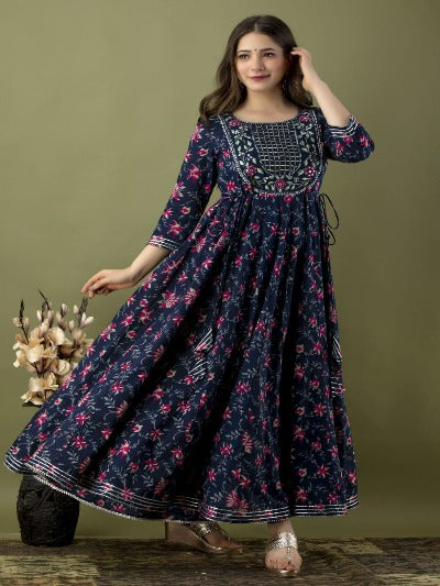Navy Blue Cotton Heavy Flared Anarkali Gown 1pc