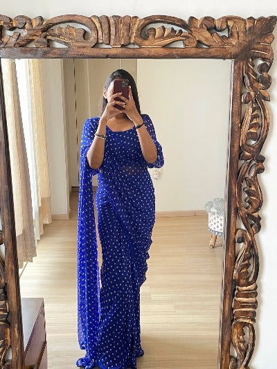 1 Min Royal Blue Polka Dot Stitched Readymade Sari