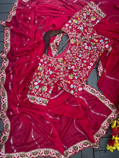 Red Tissue Silk Designer Saree with Fully Stitched Readymade Blouse