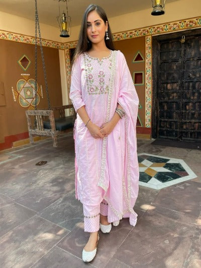 Baby Pink Cotton Salwar Suit With Embroidery